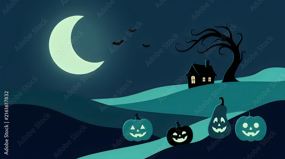 Naklejka premium Spooky halloween night scene with glowing jack o lanterns and a crescent moon in a dark sky