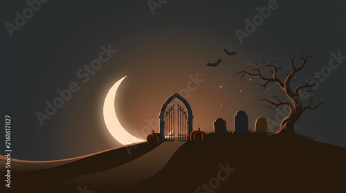 A warmly lit doorway glows under the soft light of a crescent moon creating a peaceful nighttime atmosphere