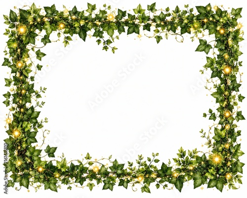 Decorative rectangular frame made of fresh green leaves and glowing golden lights