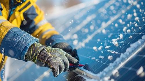 Technician in heavy winter gloves cleaning snow from solar panels

