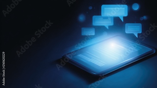 Digital tablet device displaying glowing blue chat bubble notifications floating above dark screen surface with communication connectivity transmission