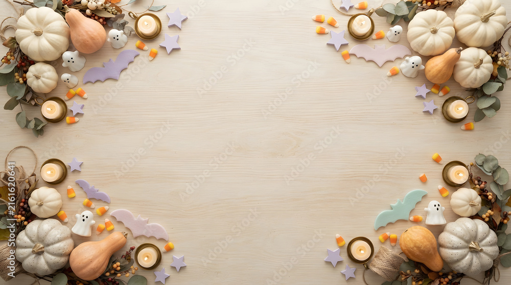 Obraz premium A beautiful autumn frame crafted with pumpkins gourds and candles for a festive halloween display