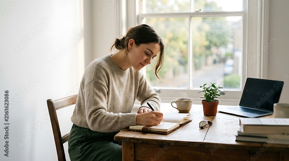 Fototapeta premium Young woman writing in notebook at desk by window with laptop and coffee