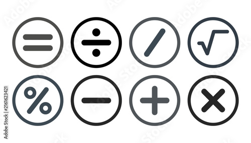 Foto Math symbols vector icon set with plus minus multiply divide equals square root