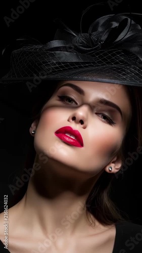 Elegant model in a black hat with veil fashion portrait series of a woman with red lipstick and refined makeup, dramatic poses