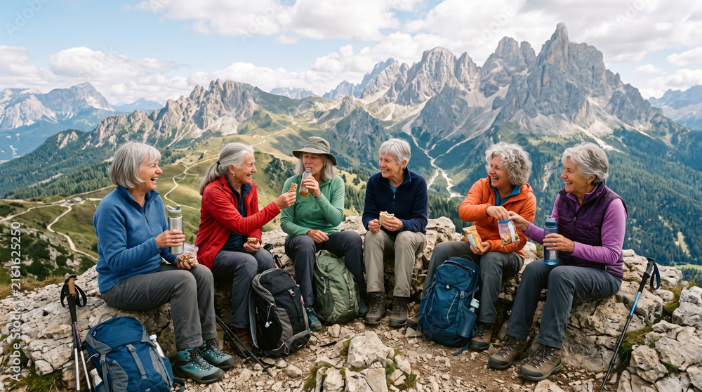 Fototapeta premium Active senior women enjoying a mountain hike break with snacks and scenic views