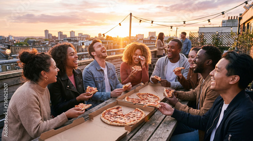 Diverse friends enjoying pizza and laughter on a rooftop at sunset