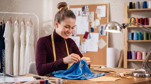 Female fashion designer sewing blue fabric with embellishments at a well-organized workspace filled with sewing tools and materials