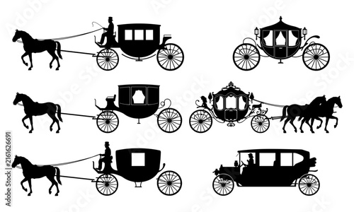 Vintage Horse Drawn Carriage Silhouette Icons Vector Set For Retro Design Projects