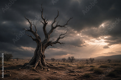 Withered tree isolated on desolate plain, storm-ravaged, distant vegetation, dramatic lighting.