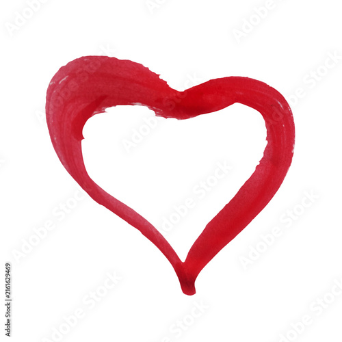 A hand drawn red heart shape painted with watercolor brush strokes for a lovely creative design element