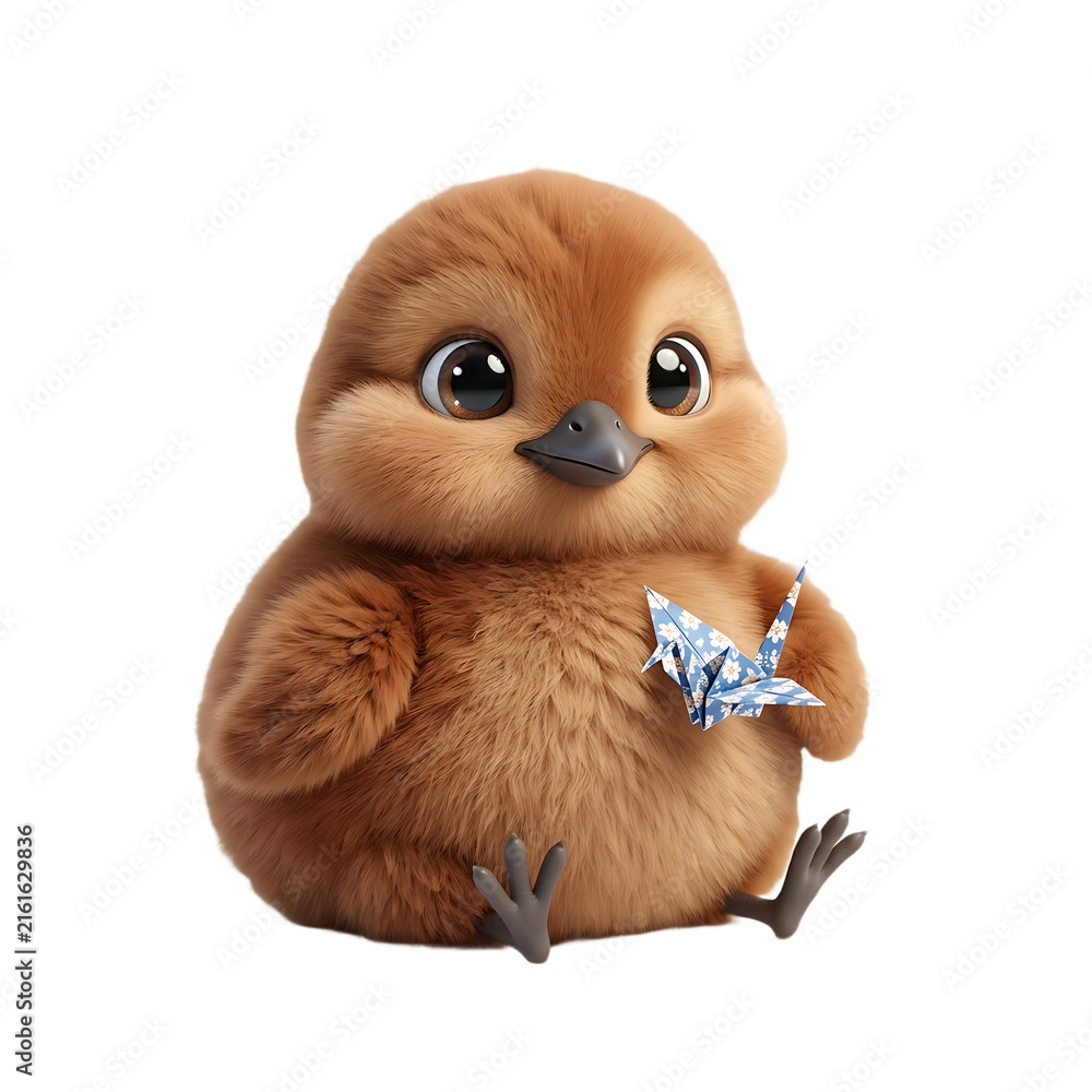 Fototapeta premium Adorable fluffy brown chick holding blue origami crane, cute baby bird character, soft plush texture on white background