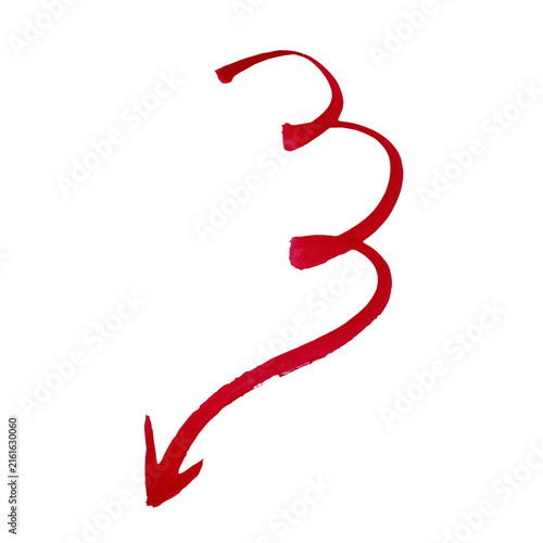 Red hand drawn curly arrow pointing down showing direction and movement for simple graphic design elements