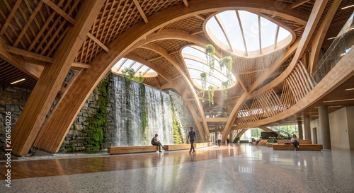 Futuristic Atrium Curved Timber Structure Indoor Waterfall Skylight