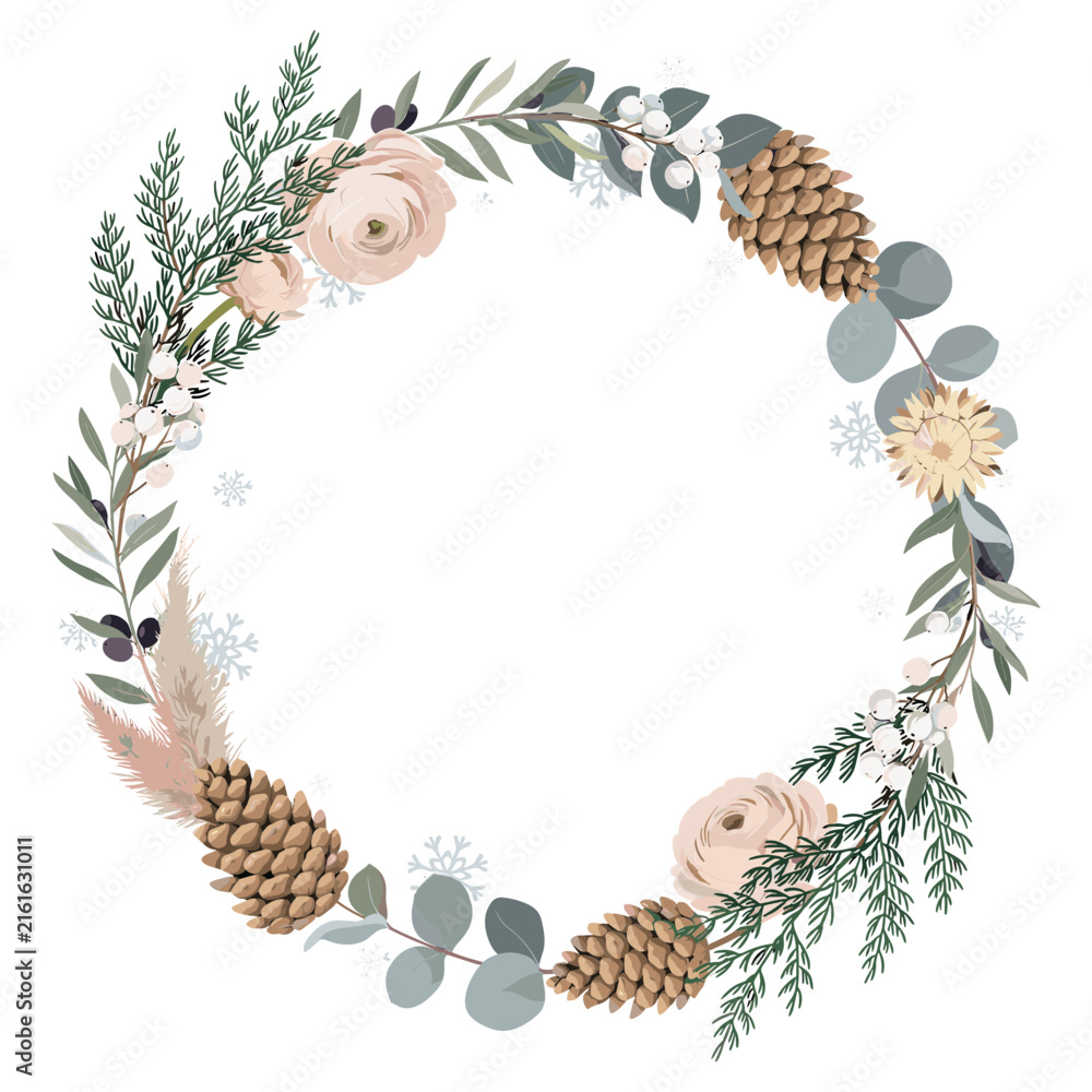 Fototapeta premium Charming botanical wreath illustration with dried pine cones, eucalyptus, and soft blush flowers