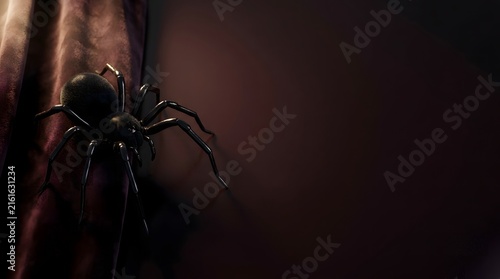A large black spider crawls up a textured wooden post in low light