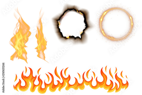 Fire flame blaze set burning paper burnt edge hole light ring border effect background vector illustration collection