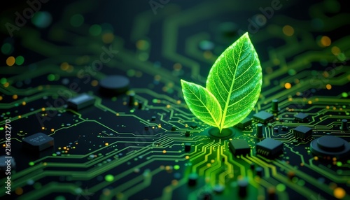 A leaf like object that appears to be made of circuit board components and is colored in various shades of green