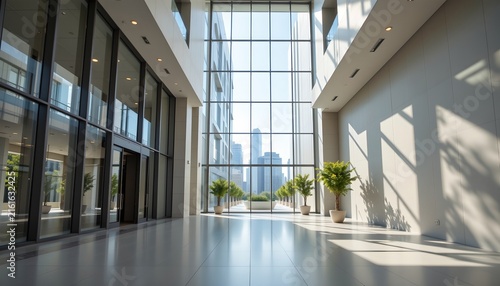 This is an interior photograph of a spacious lobby area within what appears to be a modern building with floor to ceiling windows that allow ample natural light into the space