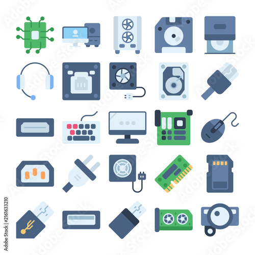 Computer hardware icon set featuring PC components, storage devices, cables, and peripherals in colorful flat style Ideal for technology, repair, networking, and computer projects