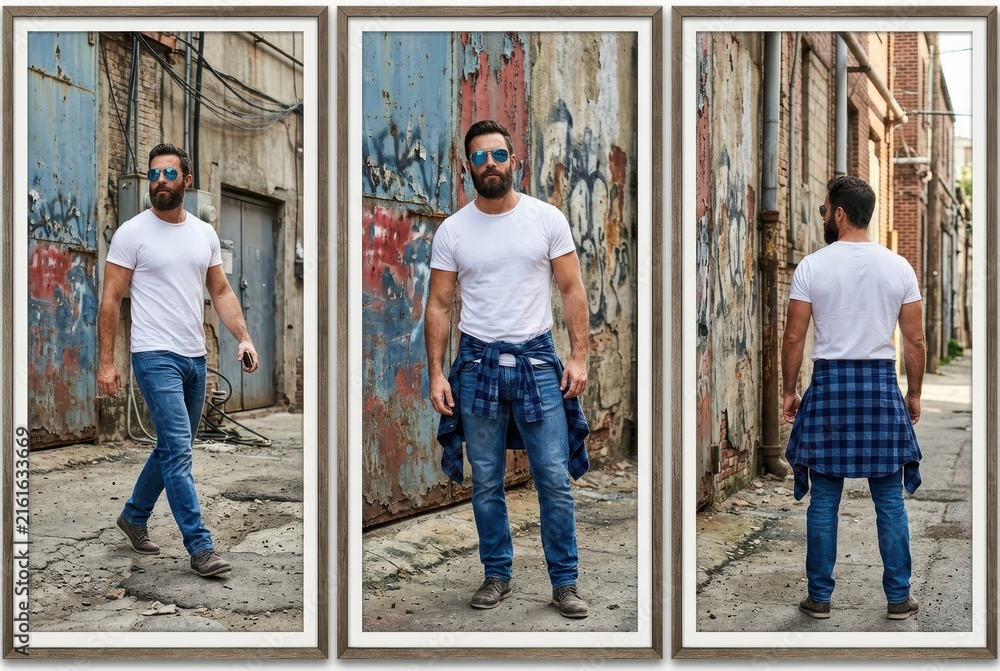 Obraz premium Stylish Bearded Man in White Tee and Denim Jeans Posing in Urban Alleyway Three-Panel View