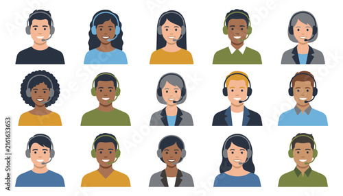 Call center avatar set with 15 diverse customer service icons. Professional support team characters wearing headsets. Flat vector people illustrations.