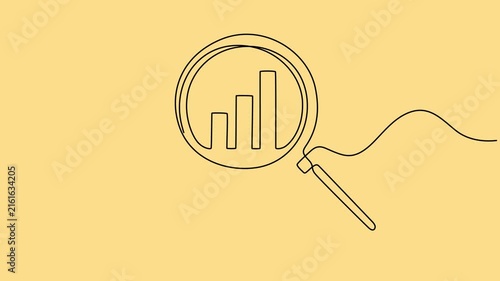 Animated self drawing of continuous line draw of magnifying glass and bar graph business.  growing up and down. Full-length one-line animation, Data analytics. growing up and down. minimalist pro one.