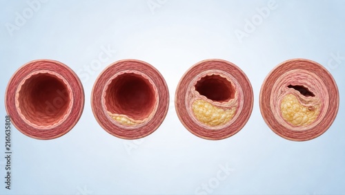 Four-stage atherosclerosis progression from healthy artery to severe stenosis shown in premium clinical CGI with clear plaque buildup on a clean pale blue medical background.