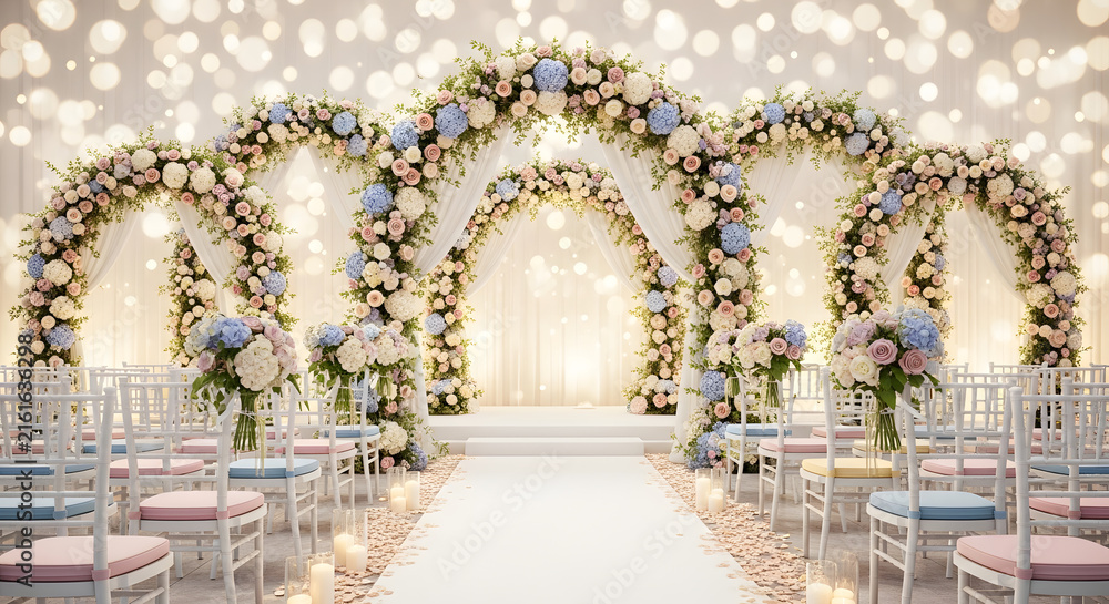 Obraz premium Elegant wedding ceremony aisle with multiple pastel floral arches, white chairs and glowing bokeh lights