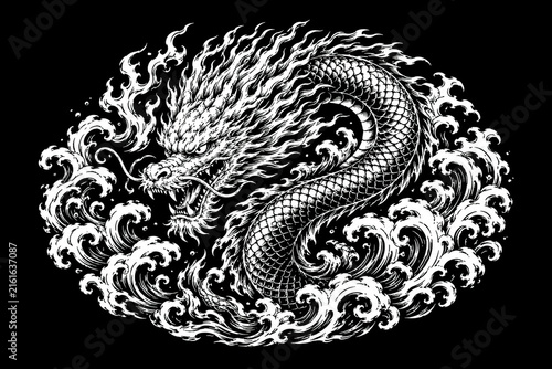 Japanese dragon illustration in white ink, traditional oriental sea serpent art, monochrome mythical creature with ocean waves