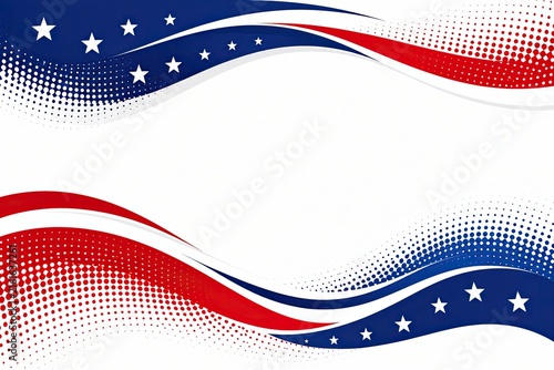 Abstract American flag wave design with red blue stars and halftone dots