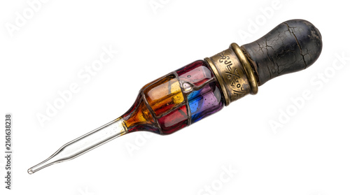 Bild auf Leinwand Alchemist glass potion bottle with colorful liquid layers and engraved bronze cap for fantasy roleplay or magic concepts