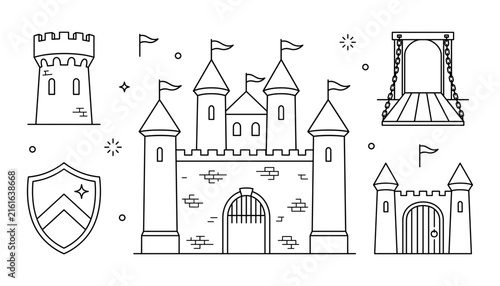 Fotografie Medieval Castle Vector Icon Set with Royal Fortress, Watchtower, Drawbridge, Gat