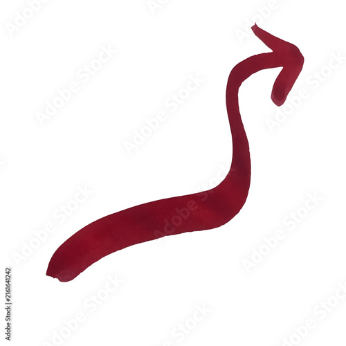 A hand drawn red arrow pointing up with a curved shape made using a rough watercolor paint brush stroke