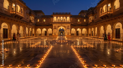 Beautiful courtyard of an indian palace illuminated with traditional oil lamps during diwali festival at night