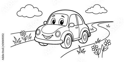 A cute cartoon car driving on a winding road through a field for children coloring page.