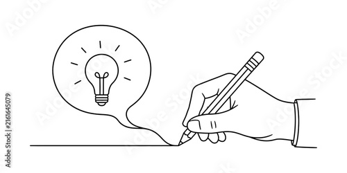 Hand drawing a speech bubble with a light bulb icon representing a creative idea or innovation.