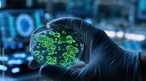 Scientist holding petri dish with glowing green biological culture sample