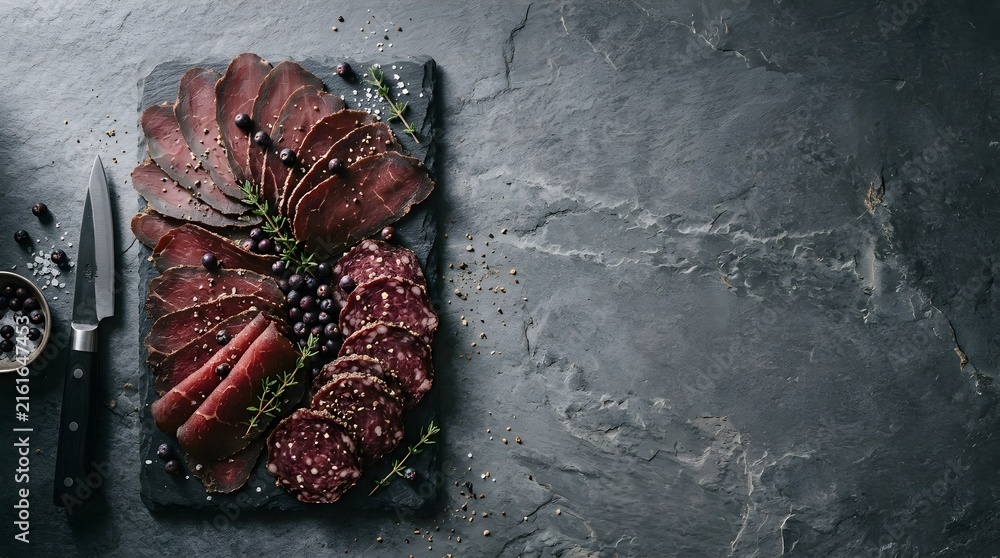 Fototapeta premium Gourmet charcuterie board displaying an exquisite selection of premium cured meats, fresh herbs, and dark peppercorns, elegantly presented on a sleek dark slate platter, perfect for fine dining