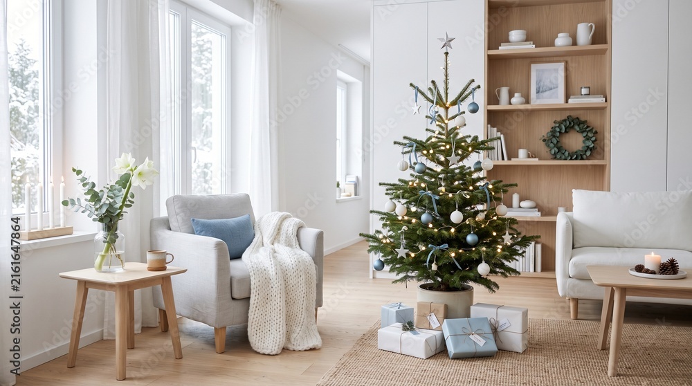 Fototapeta premium Christmas living room with decorated tree wrapped gifts white furniture and winter forest view