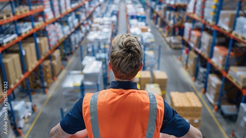 Logistics manager looking at a busy warehouse fulfillment sorting center

