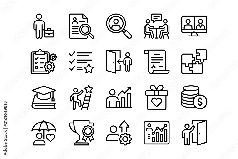 Fototapeta premium Human Resources and Recruitment Outline Icon Set – Hiring, Employee and Career Management Vector