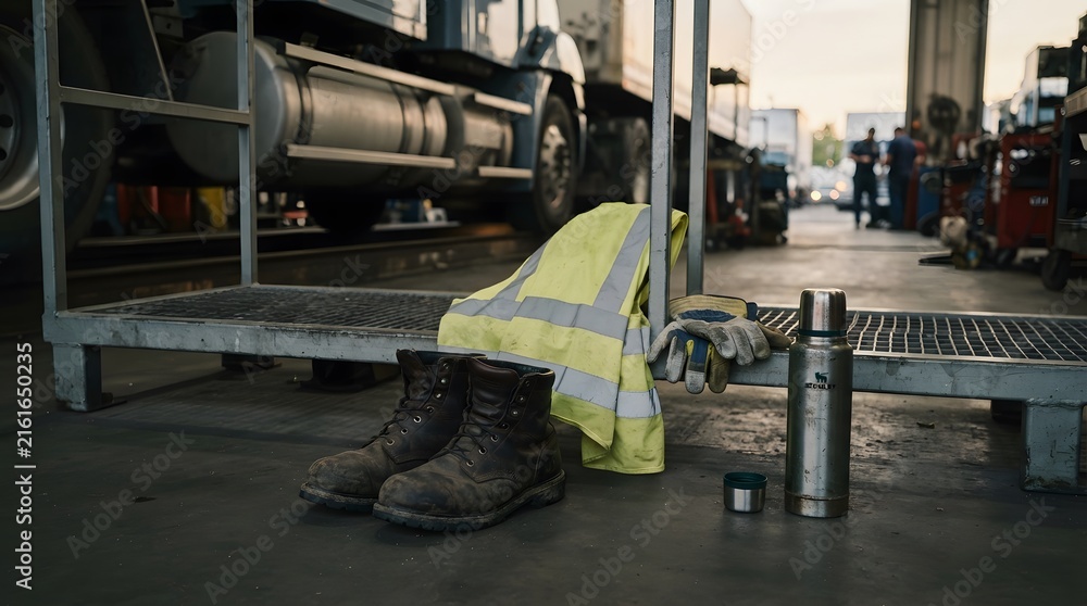 Fototapeta premium Safety vest and steel thermos bottle in a truck workshop
