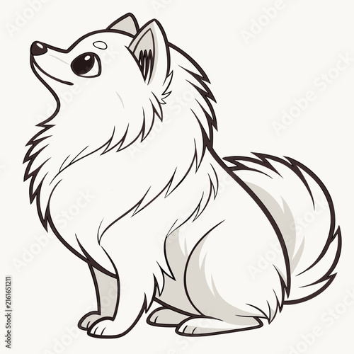 Line of a fluffy white dog sitting, isolated on a plain white background, style canine animal