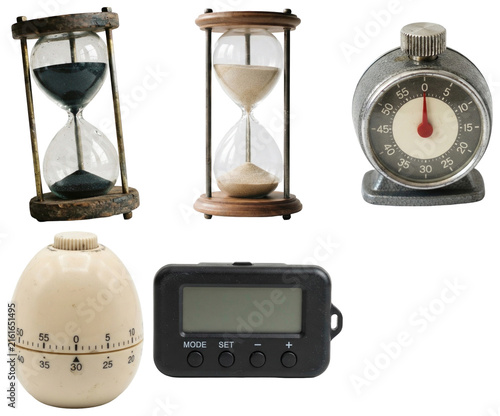 Photography A set of countdown timers and timekeeping devices in varied styles, from classic sandglasses to kitchen and digital timers