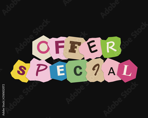 Photography Special offer text sign made from colorful ransom note style paper cut out lette