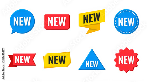 Set of colorful New labels and promotional badges for marketing and retail sales campaigns