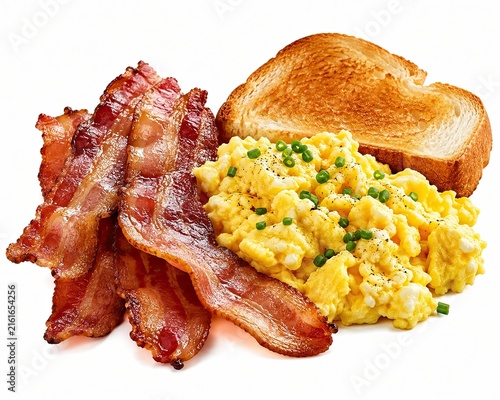 Delicious breakfast with crispy bacon, scrambled eggs and toasted bread