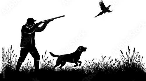 Hunter with shotgun and dog pursuing pheasant black silhouette