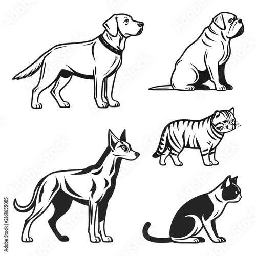 Set of black and white line of different dog breeds and cats isolated on white background, pets animals
